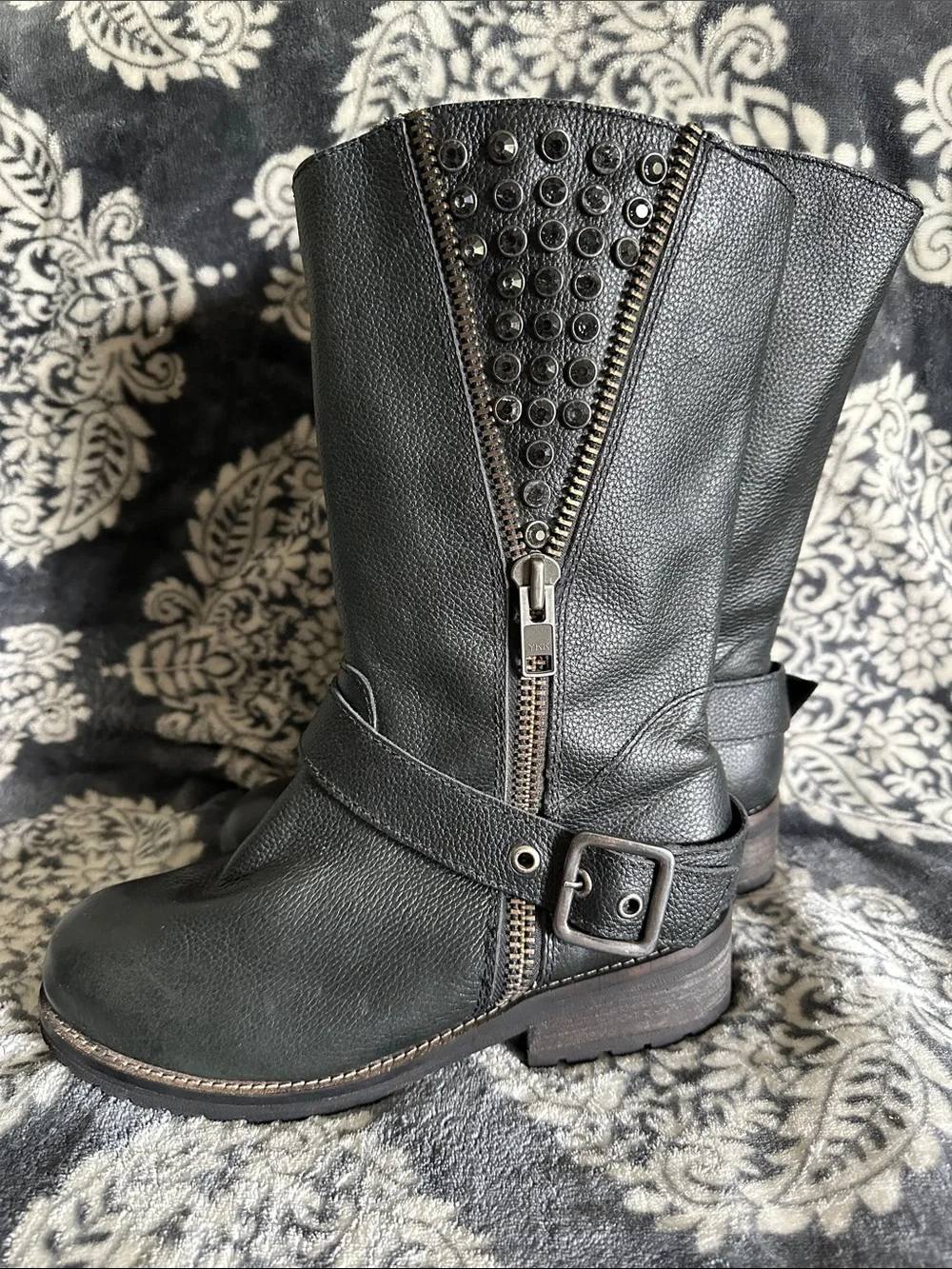 Corral great shape rhinestone studded black leather buckle zip mid calf boots